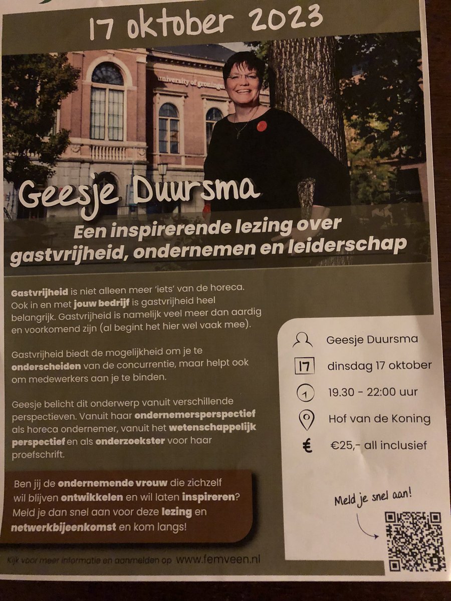 PoolFroukje's tweet photo. Kom jij ook? Dinsdag 17 oktober organiseert Ondernemersnetwerk FemVeen een netwerkavond met een inspirerende lezing van de enthousiaste onderneemster @GeesjeDuursma over o.a. gastvrijheid. Geesje doneert haar vergoeding volledig aan het KWF. Opgave: https://t.co/vZG9ldy4SH https://t.co/0VoQDP4P7H