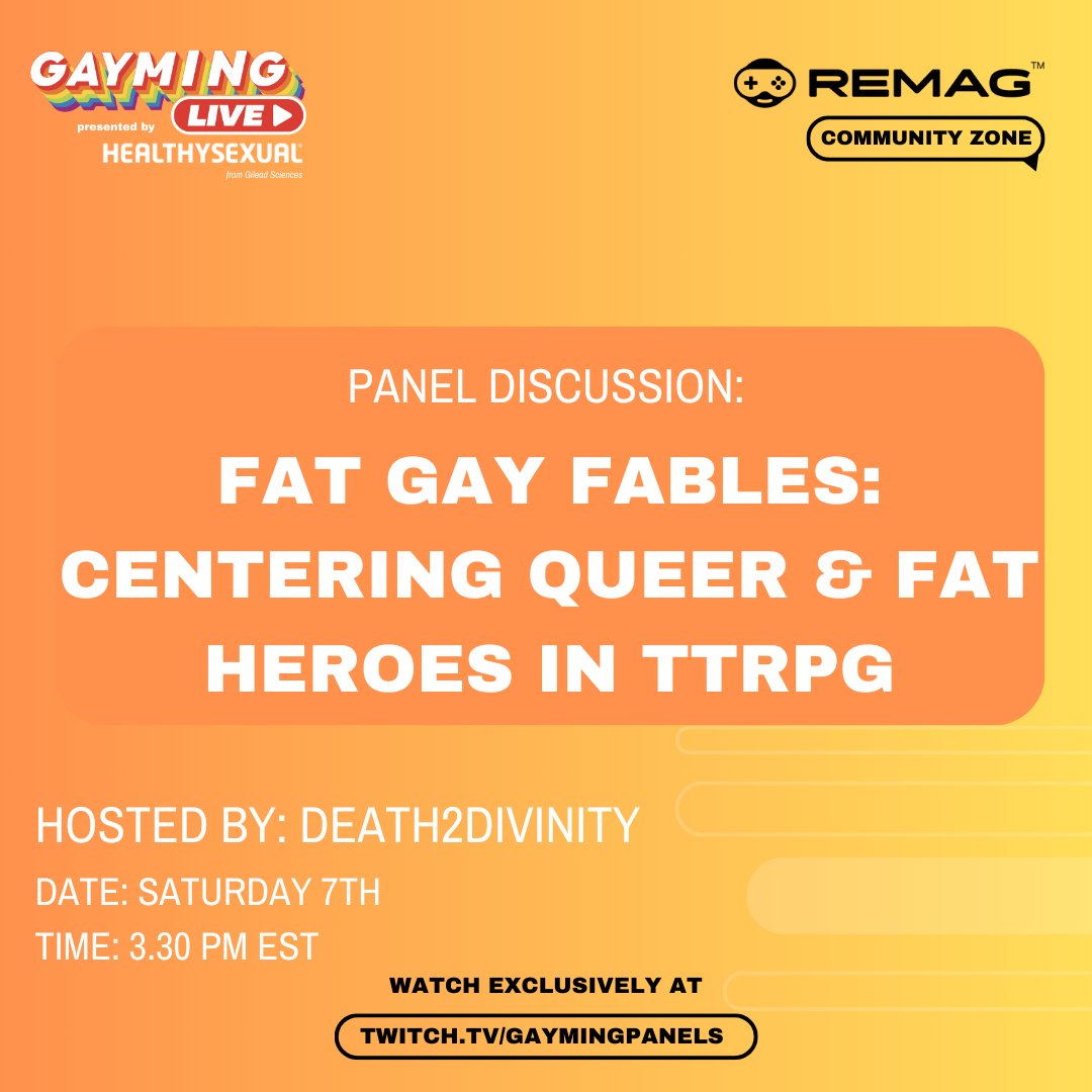 🚨 LIVE NOW 🚨

<a href="/Death2Divinity_/">Death2Divinity</a> are talking about the show and the impact of centering fat and queer heroes in its story.  

The Community Zone is sponsored by <a href="/remagapp/">REMAG</a>, a new place to connect with gamers in your community 🫵

Watch here: twitch.tv/gaymingpanels