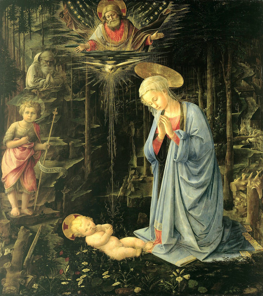 rebeca6169's tweet image. The Mystical Nativity or Adoration in the Forest by Fra Filippo Lippi, c. 1459, the Gemäldegalerie, Berlin. It is a highly individual depiction of the familiar scene of the Nativity of Jesus in art, placed in a mountainous forest setting, with debris from woodcutting all around.