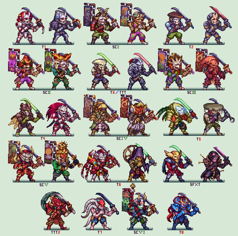 Orkimides's tweet photo. 28 shades of Yoshimitsu on #pixelart #TEKKEN #SoulCalibur https://t.co/6opPeetmMI