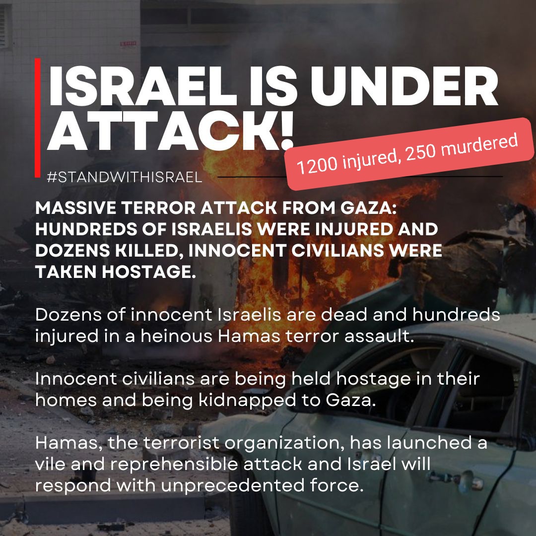 #IsraelUnderAttack #StandWithIsrael 
Unfortunately had to edit and update the numbers of injured and murdered .. numbers  keep rising. The magnitude of this horrifying  cruel attack is enormous. 
My family and friends are not safe. Israel is not safe and has the right for defense