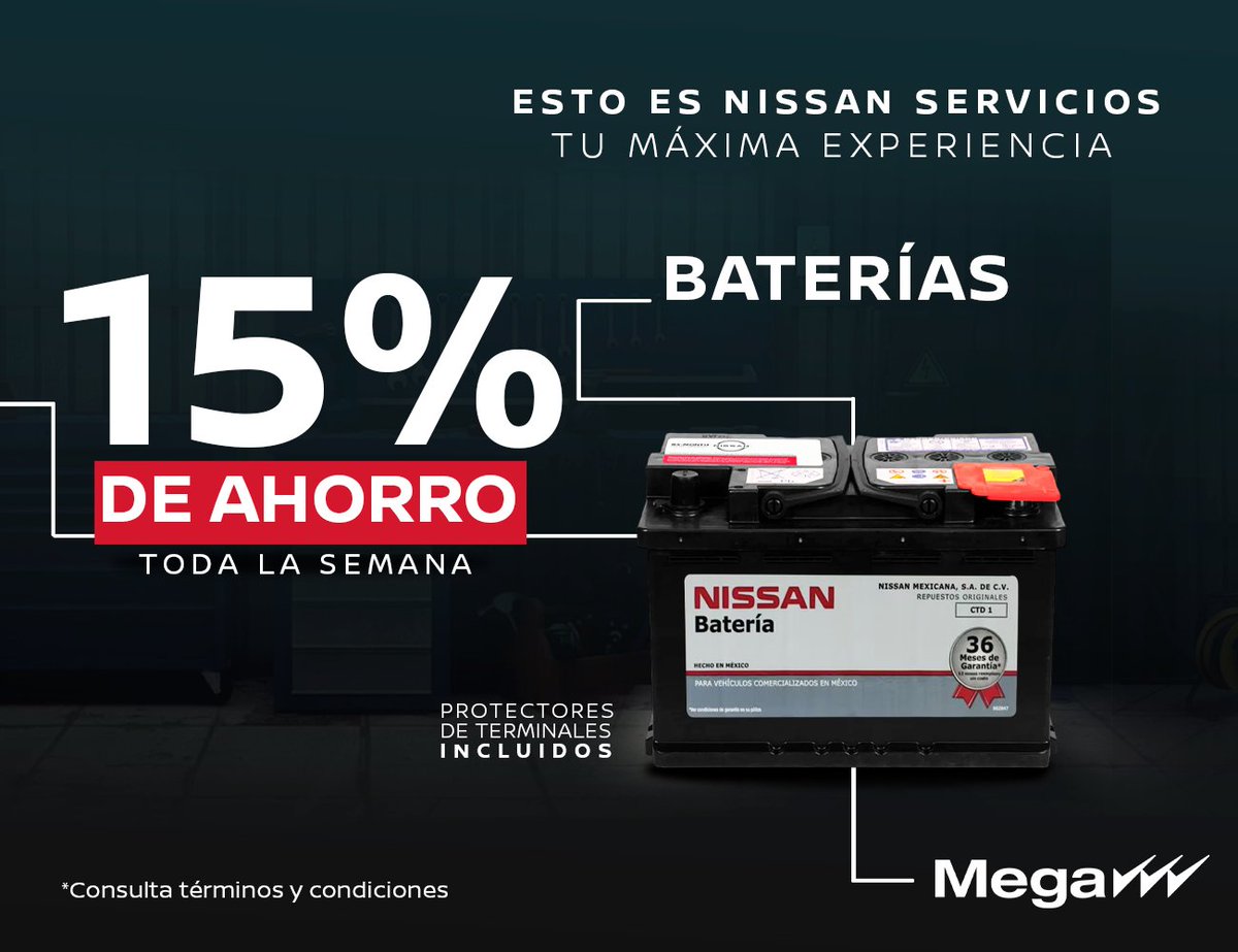 NissanMega's tweet photo. ¡Cuida tu #auto auto con la mejor calidad! 😉🚗
Aprovecha nuestra promoción en #Baterías  aprovecha y adquiere la tuya con 15% de descuento  y llévate los protectores de terminales totalmente GRATIS 😱🙌
¡Solo en #NissanMega! 😎🔥

#Nissan #NissanMega #NissanMexicana #Toluca https://t.co/qw5ECIvlEU