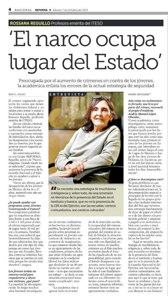 En entrevista para <a href="/Reforma/">REFORMA</a>, <a href="/rossanareguillo/">Rossana Reguillo</a>, profesora emérita del #ITESO, afirma que el crimen organizado aprovecha los vacíos que deja el Estado para tomar o matar a los jóvenes.  'Ante jóvenes... el Estado ha claudicado'
reforma.com/SfYTLr