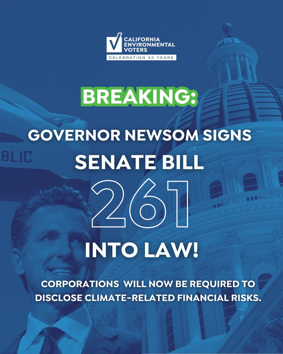 BREAKING: CA makes history and takes a monumental step with the nation's first climate risk disclosure bill!

Thank you to <a href="/HenrySternCA/">Henry Stern</a>, <a href="/Scott_Wiener/">Senator Scott Wiener</a>, and @LenaGonzalez33 for championing #SB261. And thank you to @CAGovernor for signing this historic bill into law!