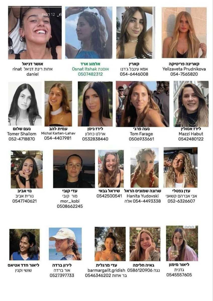 agusantonetti's tweet image. 🇮🇱 | Esta es la triste lista de inocentes mujeres israelíes que han sido secuestradas por los terroristas de Hamas en las últimas 24 horas. Sus familiares en Israel piden difundir. Ahora mismo son rehenes de un grupo de salvajes.

Pueden ser tus hijas, tus hermanas, tus amigas.