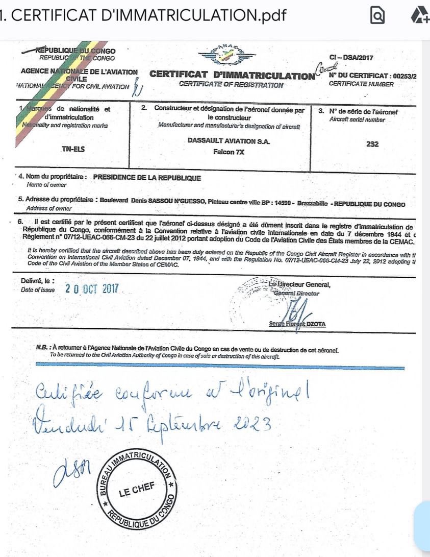Déclaration curieuse de l’ambassadrice de France au #Congo sur l’avion saisi. Elle dit sur une TV locale que l’avion serait immatriculé au nom d’un particulier. FAUX. Le certificat d’immatriculation ci-joint prouve qu’il est immatriculé au nom de la présidence depuis 2017…
