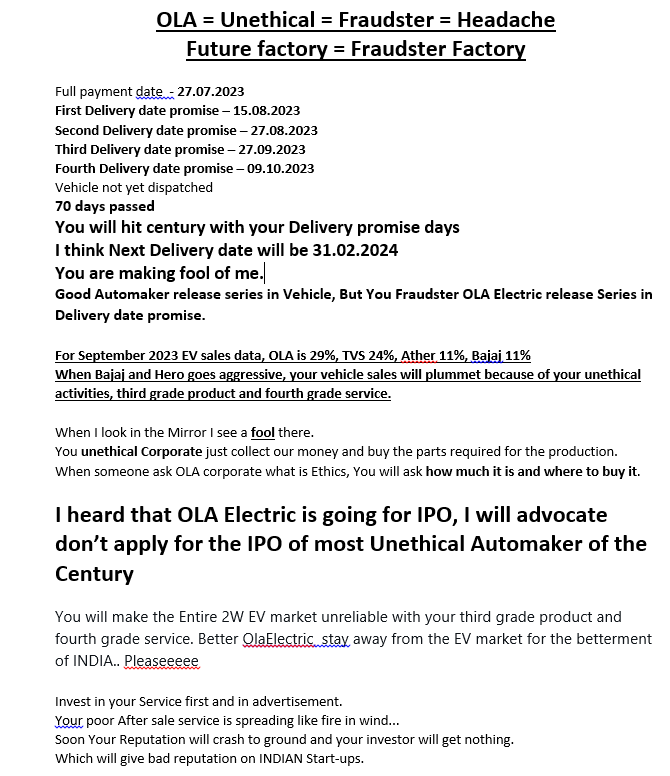pgowtham's tweet photo. @OlaElectric Hey fraudster 
@OlaElectric
 , kindly deliver my s1 air since you were working on my  issue on high priority, and when it will be resolved.  Same modified copy and paste template  How is it, Making you angry, that's how we feel
Investors please stay away from 
@bhash https://t.co/fnlISNsPpZ