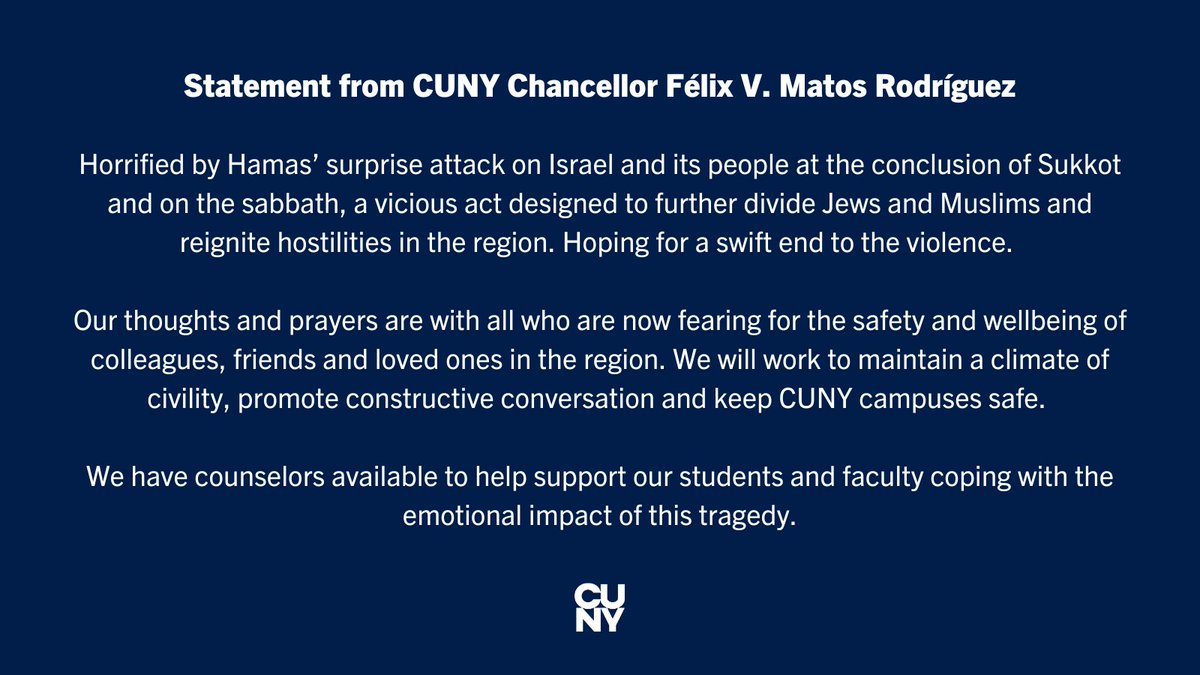 Horrified by Hamas’ surprise attack on Israel and its people at the conclusion of Sukkot and on the sabbath, a vicious act designed to further divide Jews and Muslims and reignite hostilities in the region. Read my full statement: ow.ly/1mMa50PUhfm