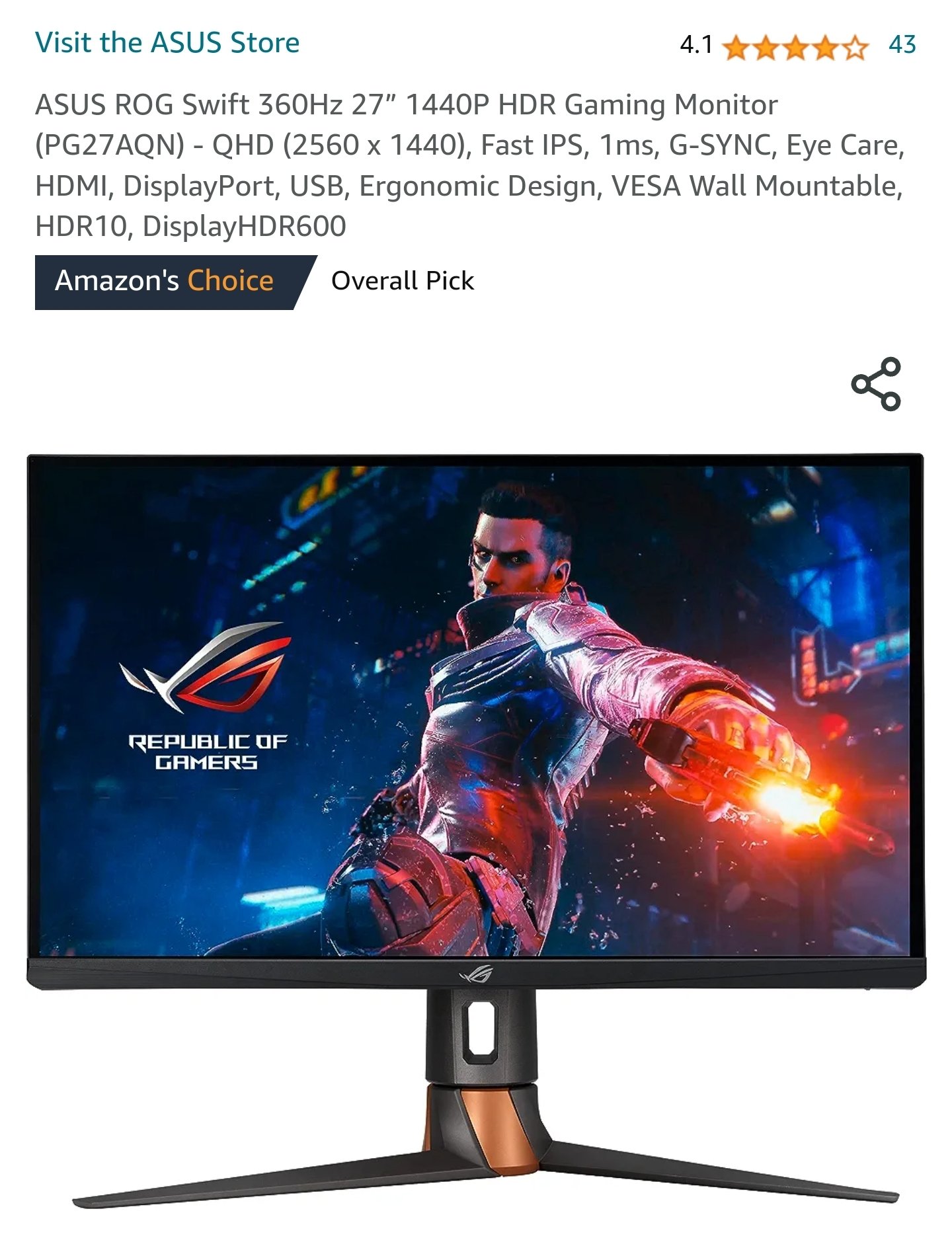 ASUS Republic of Gamers Swift PG27AQN 27 1440p HDR 360 Hz Gaming Monitor