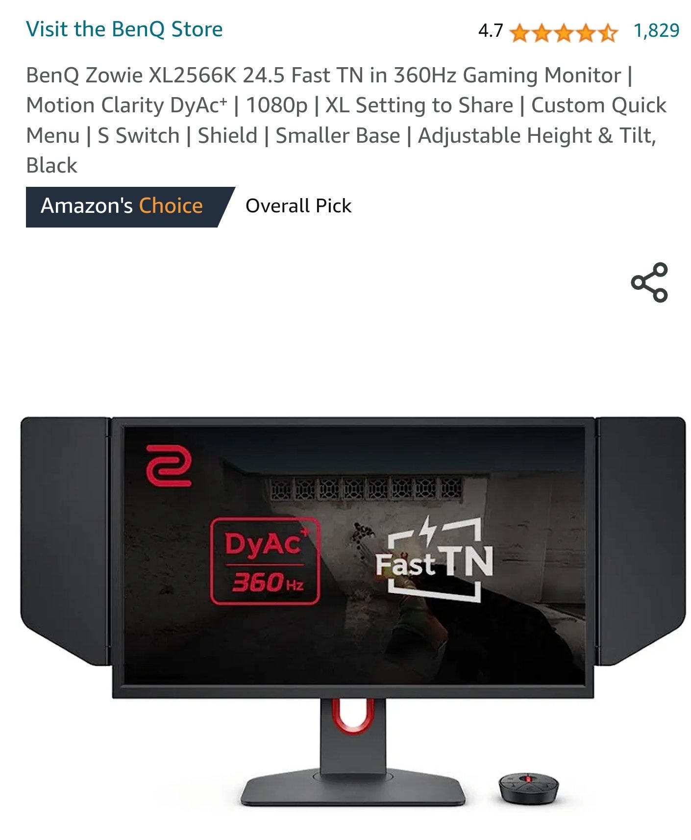 BenQ Zowie XL2566K 24.5 Fast TN in 360Hz Gaming Monitor | Motion Clarity  DyAc⁺ | 1080p | XL Setting to Share | Custom Quick Menu | S Switch | Shield  