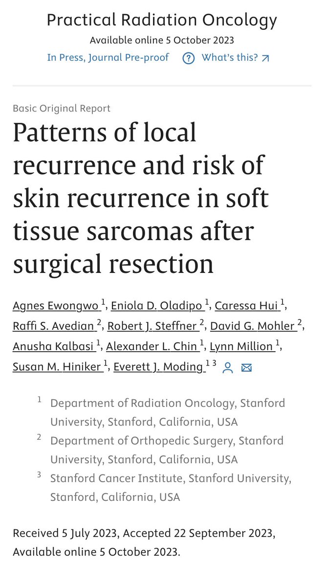 A huge shout out to my co-authors for their contribution and to @everettmoding for his guidance and mentorship. #sarcoma #CancerResearch #radiationtherapy #medicaladvances 👉🏽 go check it out: authors.elsevier.com/sd/article/S18…