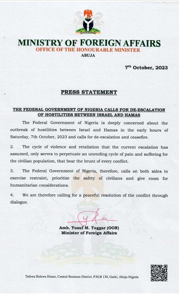 The Federal Government of Nigeria Calls for De-escalation of Hostilities Between Israel and Hamas - <a href="/NigeriaMFA/">Ministry of Foreign Affairs, Nigeria 🇳🇬</a>