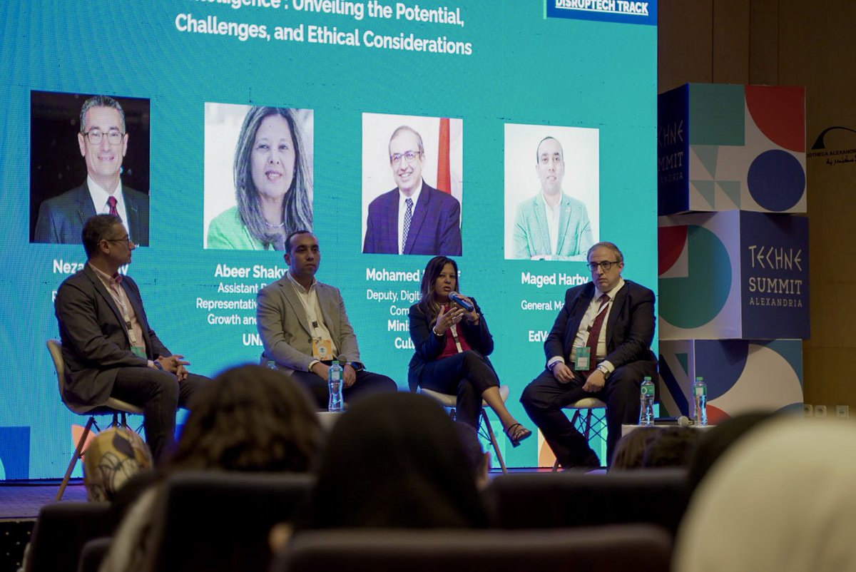 UNDPEgypt's tweet photo. Proud to be at #TechneSummit2023! Today, we explored #AI's impact on #SusDev.
We discussed its potential, challenges & ethical considerations. Our Asst RR @AbeerShakweer highlighted AI's influence on jobs & the need for careful implementation. #EthicalAI #FutureSmartUNDP https://t.co/9mQiqgakxS