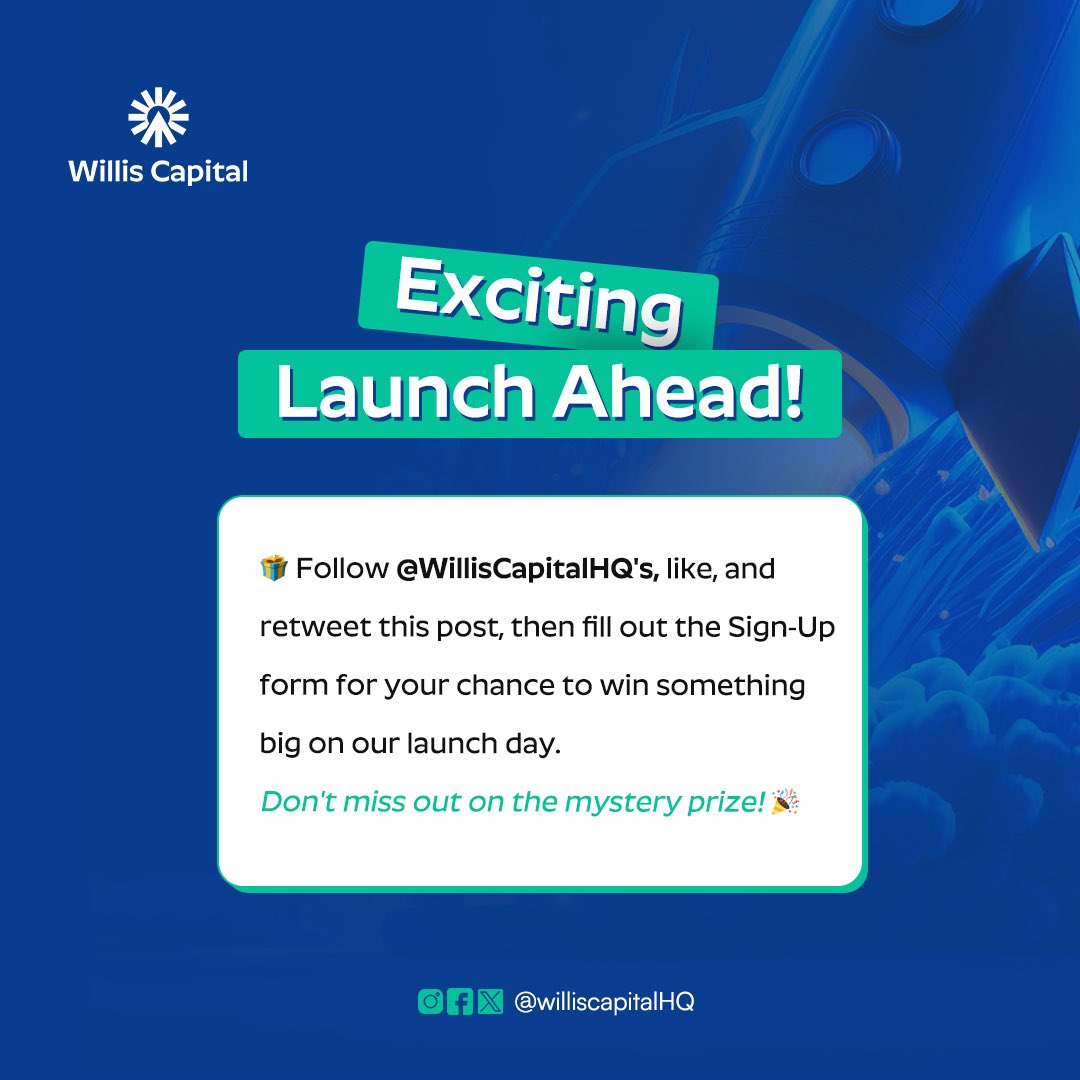WfundedHQ's tweet image. 🚀✨ Our Launch is some weeks away! 
And we've got a special surprise for a selected few! 

🎁 Follow @WillisCapitalHQ, like, and retweet this post, then fill out the Sign-Up form for your chance to win 

1rxcg94itc6.typeform.com/williscapital

Something big on our launch day.🌟🎉