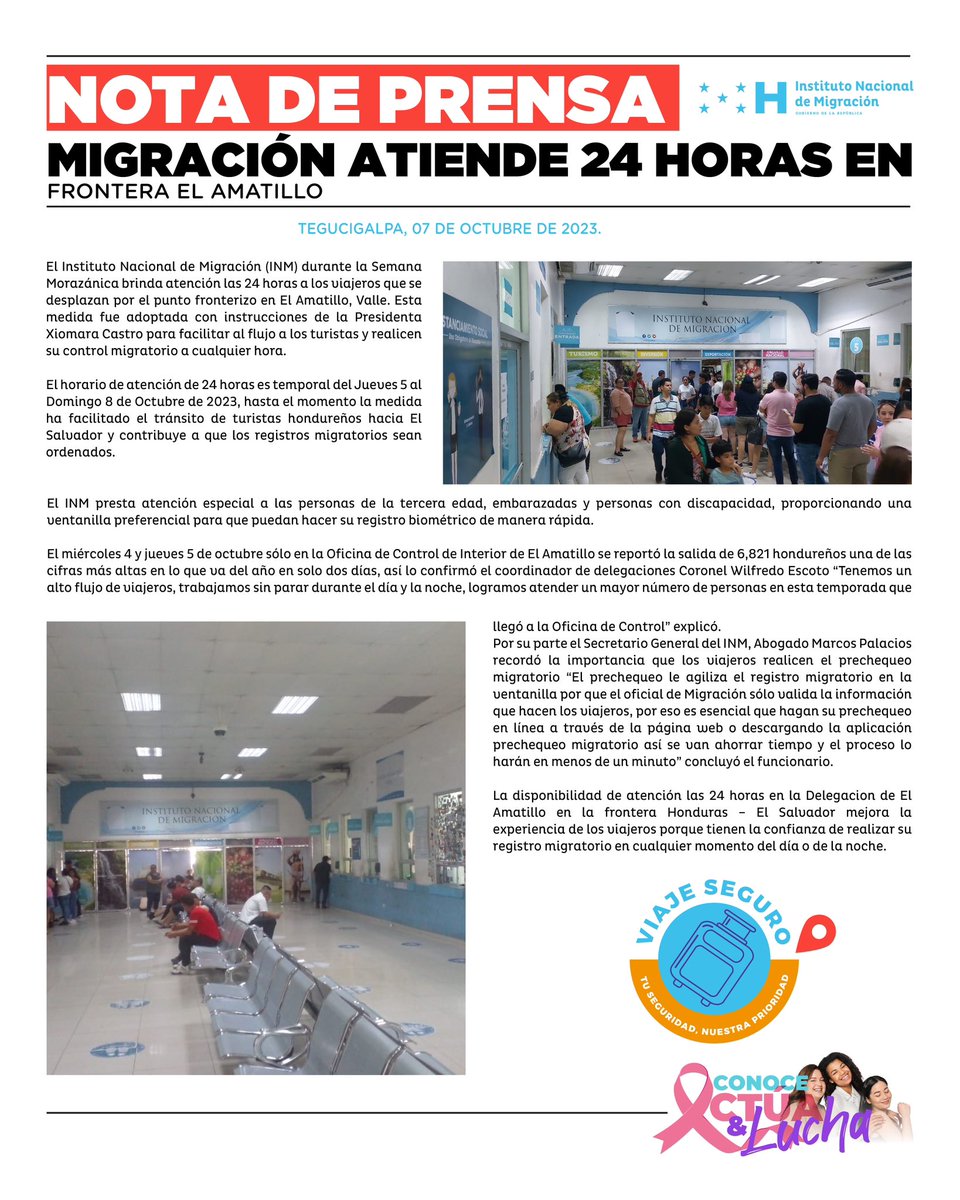 MigracionHND's tweet photo. 📌 Nota de Prensa
Migración atiende 24 horas en frontera El Amatillo.
Recuerde que puede realizar su #prechequeo hasta 72 horas antes a su fecha prevista de viaje:
👉🏻 https://t.co/ermMR7ajit
#INM #Migración #Honduras 🇭🇳 https://t.co/YaapNqDNpu