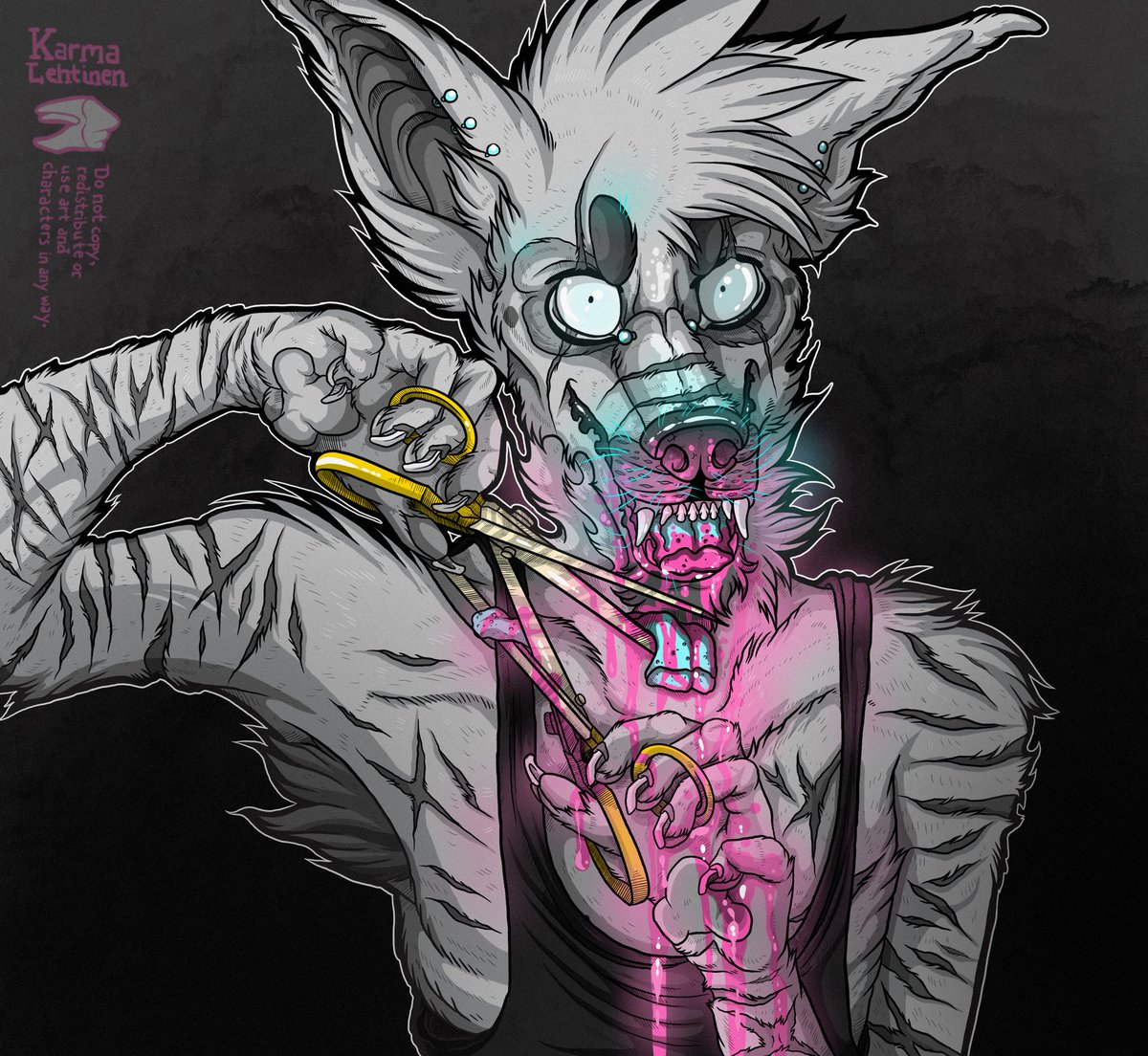 KarmaLehtinen's tweet photo. ✖ GORETOBER DAY 7: NEON GORE ✖

Zaccheo, my sweet nerdy boy. He’s a bit ill in his head and once upon a time he chopped a piece of his tongue off 👅

#goretober2023 #anthroart #scissors #art #darkart #horror #macabre #karmagoretober2023 https://t.co/tJGpdD0KdB