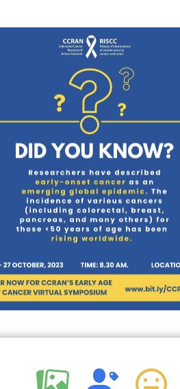 I urge all my friends to attend @ccranorg’s Early Age Onset Cancer Virtual Symposium on October 26&27! 
 It’s free!  Register now via – bit.ly/CCRANEAOC
 
#YoungAdultCancer #CCRANEAOC2023 #CancerSymposium #CCRAN #EarlyAgeOnsetCancer  #Oncology  #cancer #canada #CCRAN2023