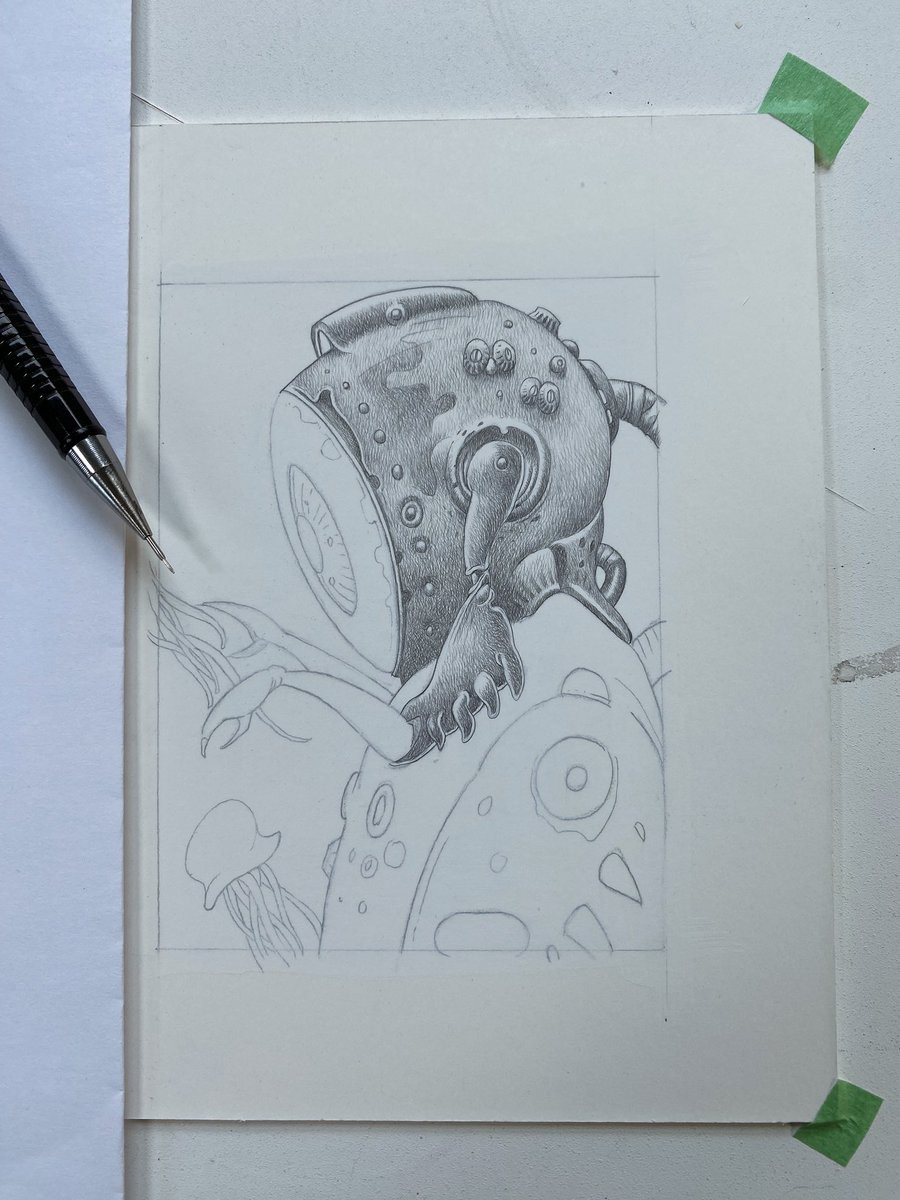 Lost_Machine's tweet image. A silverpoint drawing in progress. I love pulling form out of the lines. #silverpoint #metalpoint #robot #eye #jellyfish