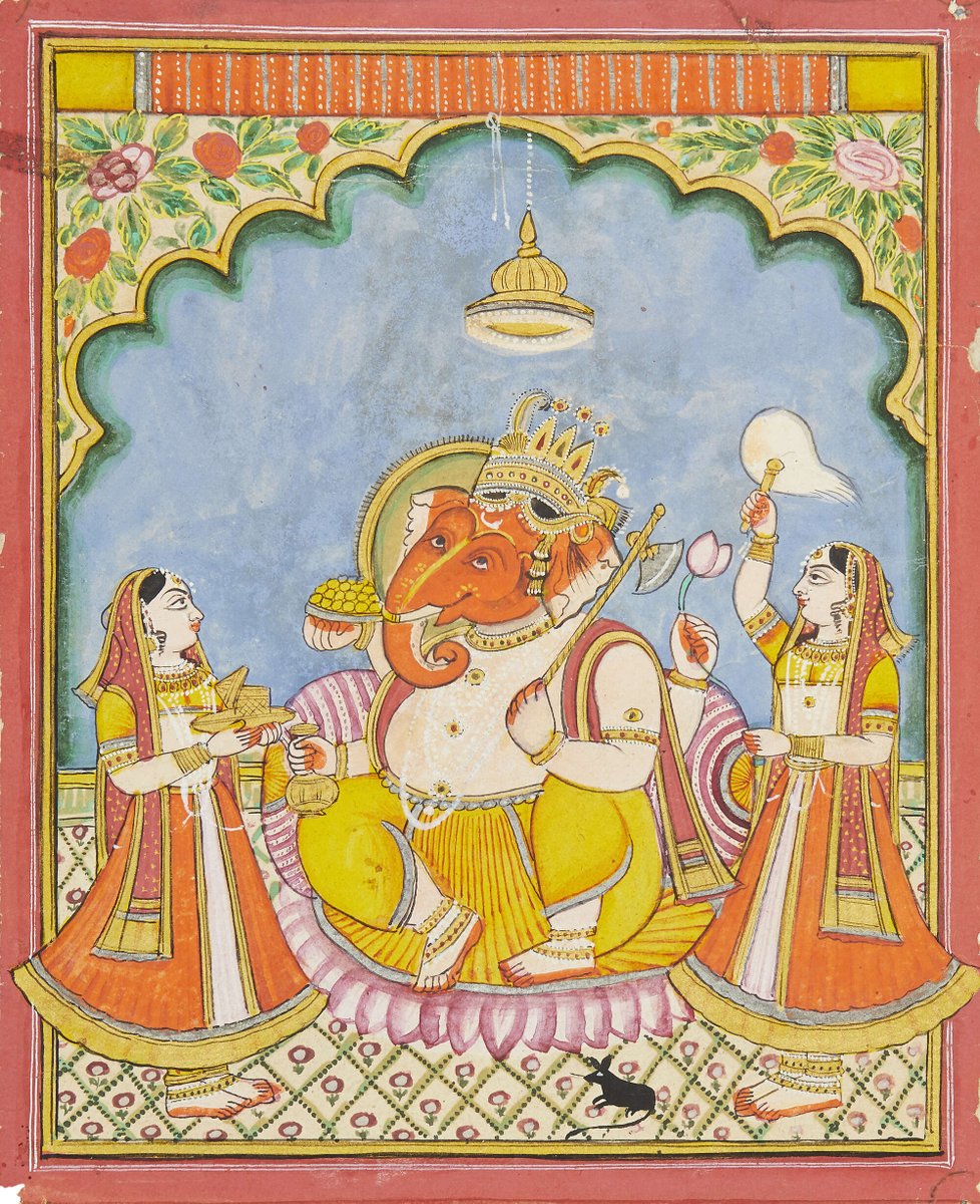 hinduaesthetic's tweet photo. Gaṇeśa flanked by his consorts Riddhi and Siddhi, Jodhpur, circa 1880 https://t.co/igAPsGHCKt