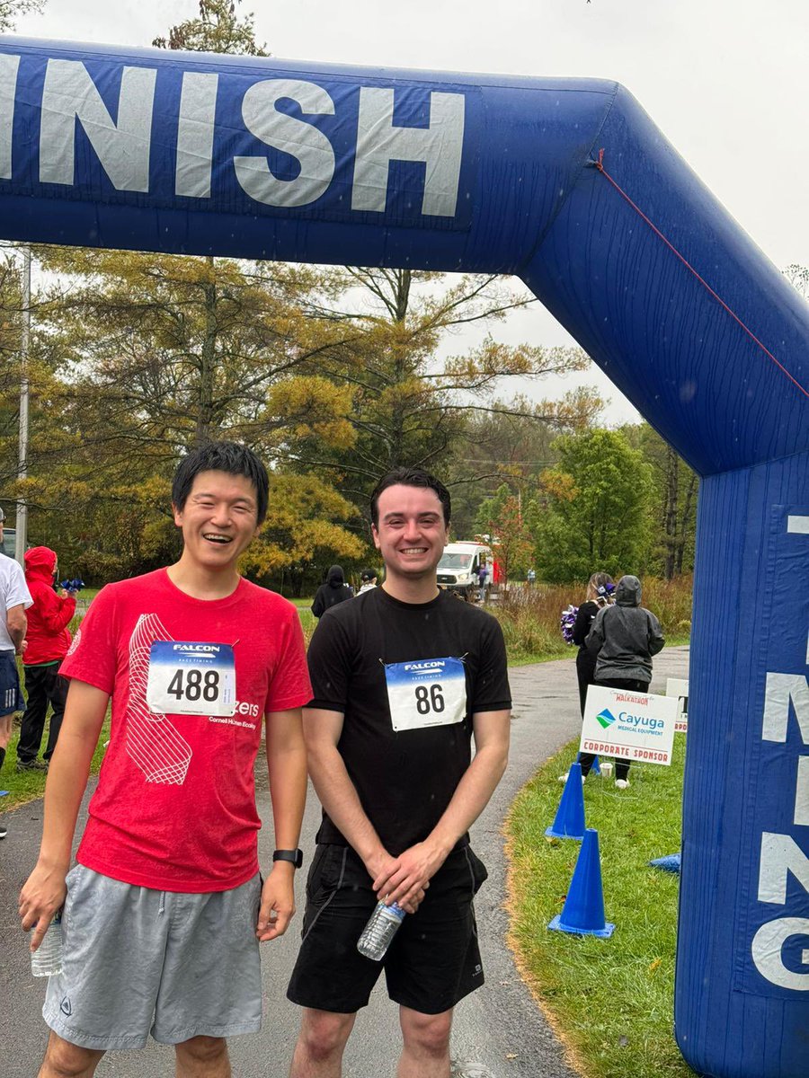DrMengWang's tweet photo. The Wang lab completing the 5k run for the Cancer Resource Center @CancerResource. Was 🌧️ and cold in Ithaca, but this is the natural habitat for us 🇬🇧! Happy to represent @CancerCornell @CornellCALS @CornellCHE! https://t.co/VBbYTxiSIp