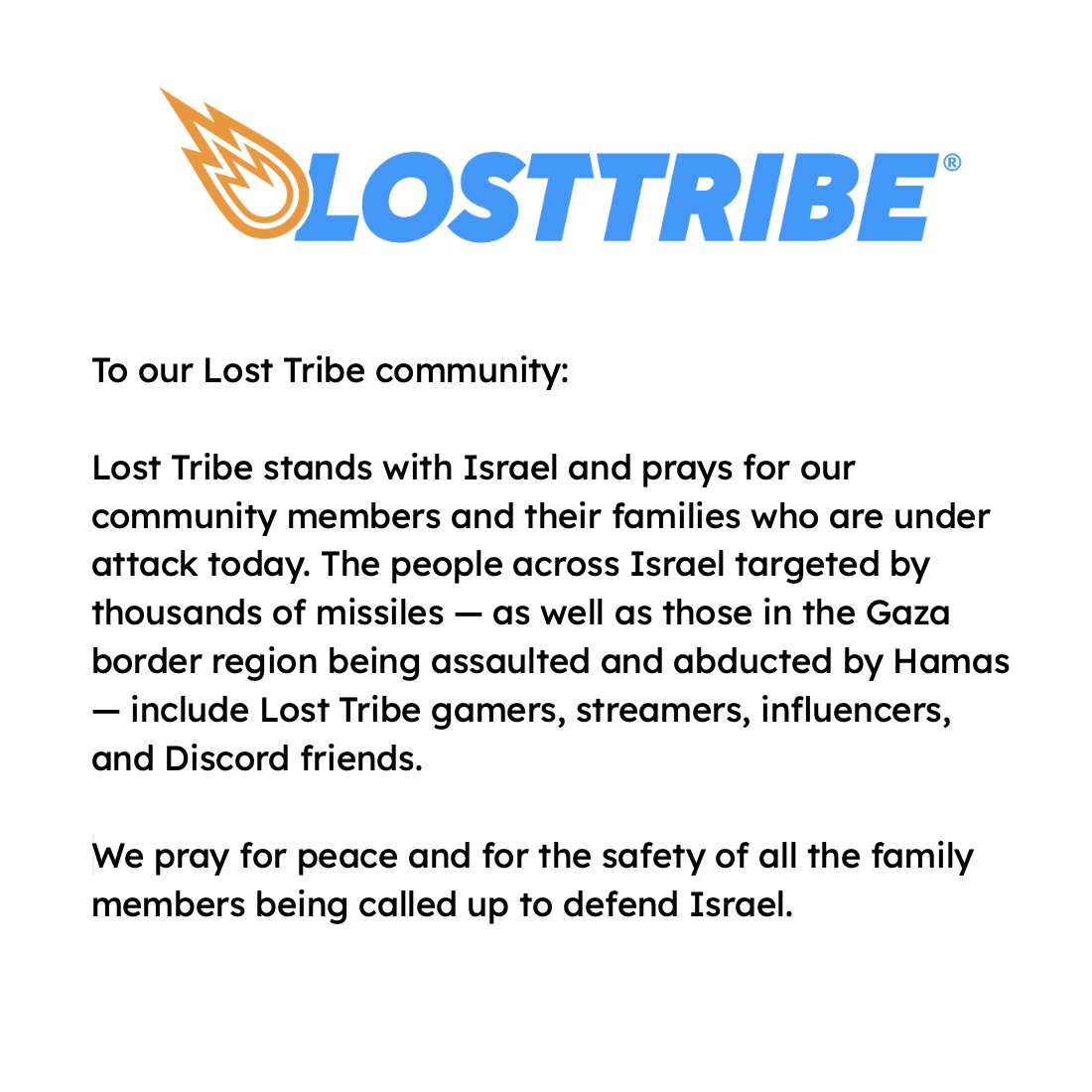 A note to our community... Lost Tribe stands with Israel.