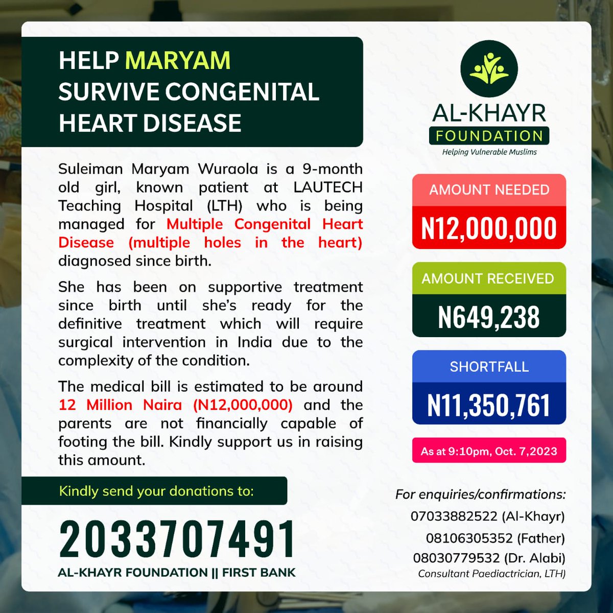 AzeezMuhammedO2's tweet photo. HELP MARYAM SURVIVE CONGENITAL HEART DISEASE

Maryam dreams of living just like any other child. The holes in her heart weren't made by her. And we dare not question her creator, the one who designed every single structure in her body. https://t.co/Jv0WZetwx2