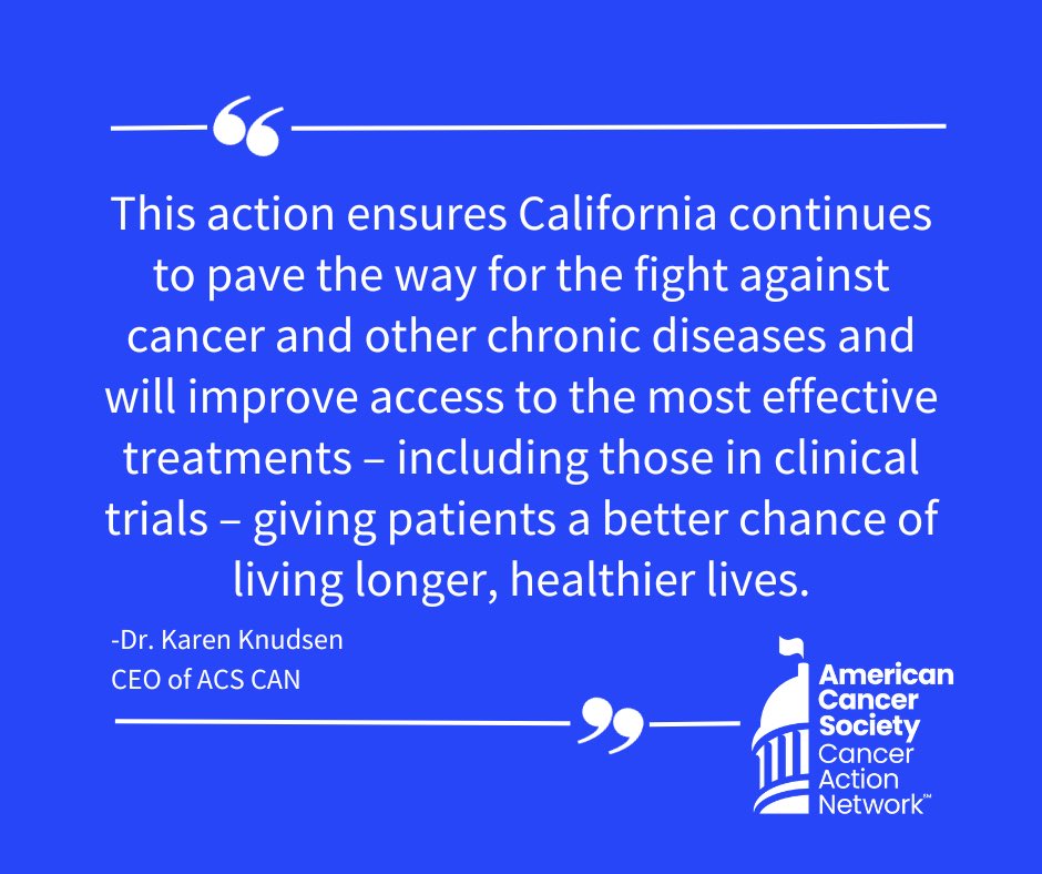 Such a big WIN for Californians <a href="/ACSCANCA/">ACS CAN California</a>! Thanks Governor <a href="/GavinNewsom/">Gavin Newsom</a> for signing the biomarker bill, sponsored by <a href="/ACSCAN/">American Cancer Society Cancer Action Network</a> &amp; <a href="/UCLA/">UCLA</a> to ensure biomarker testing is covered by more health insurance plans, including Medi-Cal, giving access to more patients! fightcancer.org/releases/gover…
