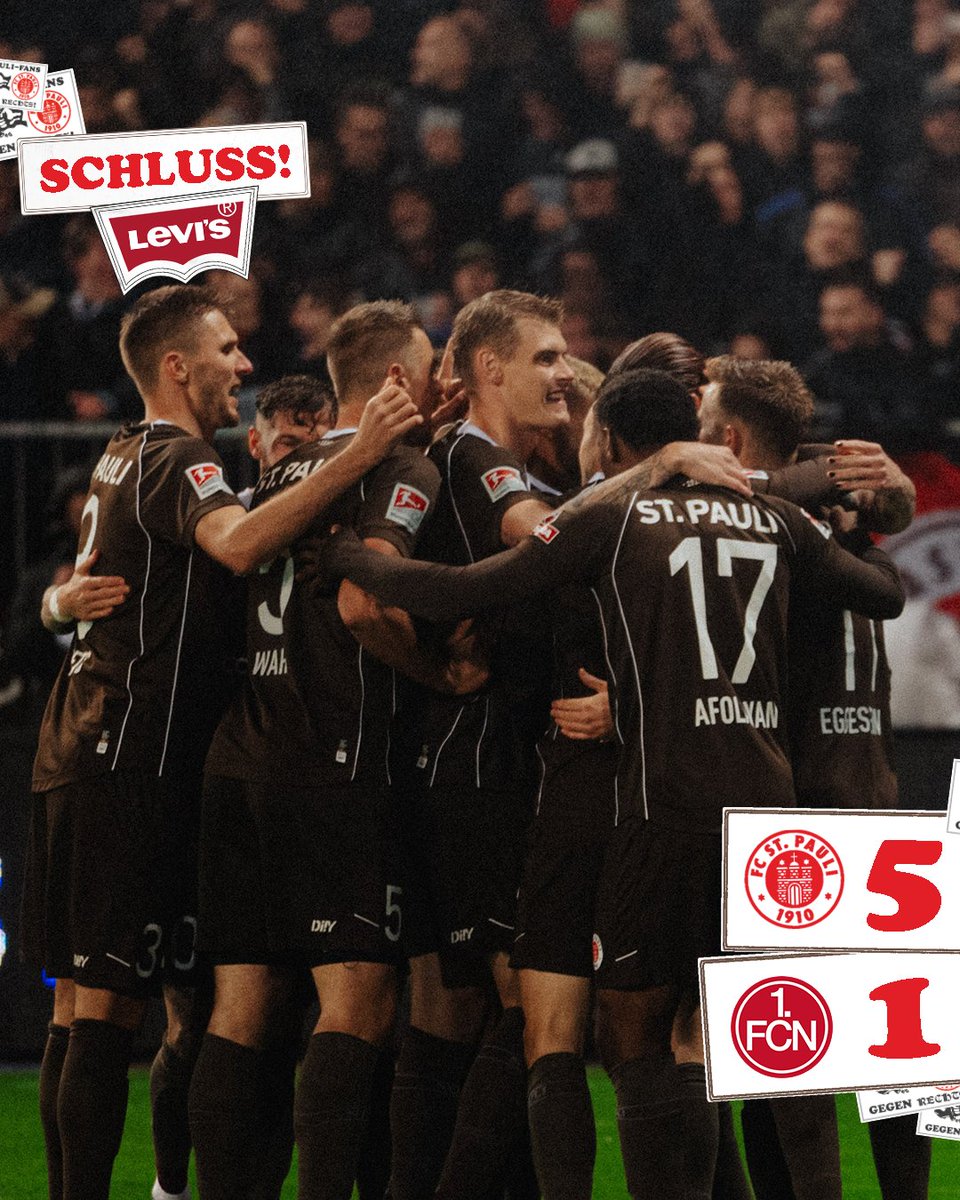 90.+5: Feierabend am Millerntor! Duftet und schmeckt richtig gut, der Heimerfolg. 👏🤎🩶

#fcsp #fcspfcn | 5:1 | Präsentiert von <a href="/LEVIS/">Levi's®</a>