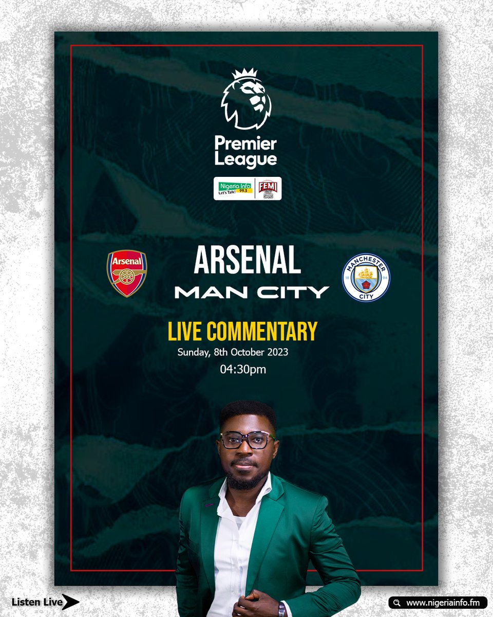 NigeriainfoFM's tweet photo. Fans will flock to the Emirates Stadium for Sunday's standout Premier League contest, as Arsenal welcome champions Manchester City to their North London headquarters.

What is your prediction?
Listen here: https://t.co/htxNwMvXXm
🎙️@chumannoli
#FATGlive #TalkSportLive #ARSMCI https://t.co/ClMAV2QNW8