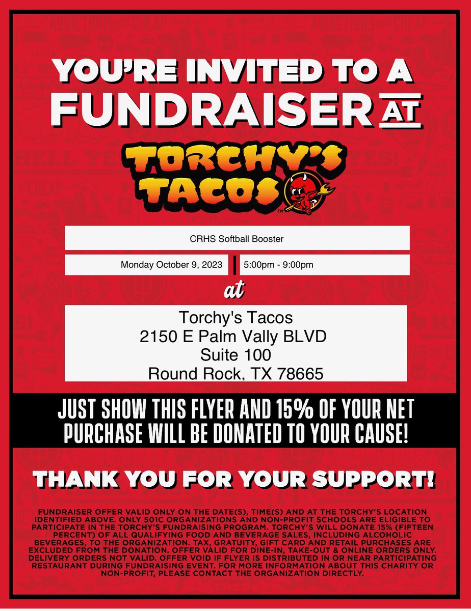 🌮SPIRIT NIGHT🌮🌮
Come out and support the Cedar Ridge Softball team this Monday from 5-9pm at the Torchys on Hwy 79. Be sure to show them this flyer! #tacotuesdayeve #weareCR 🖤🥎💜 <a href="/CedarRidgeHigh/">CRHS</a>