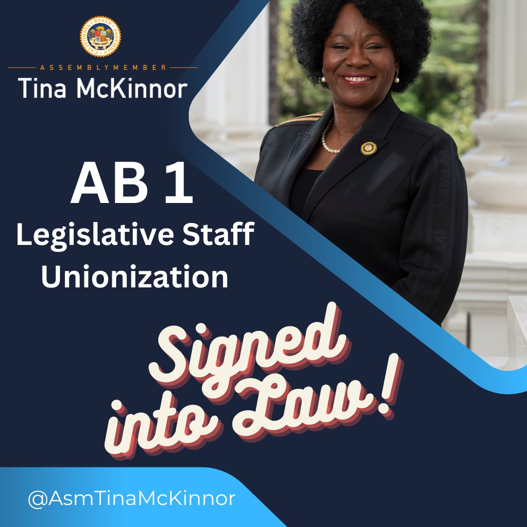 AsmTinaMcKinnor's tweet photo. We did it! #AB1 has been signed into law, allowing #caleg staff in the largest state in the nation to join a union. This is an incredible win for staff, Members and California's democracy. More: https://t.co/IwGNs1RX8v https://t.co/msPwYFeP9s
