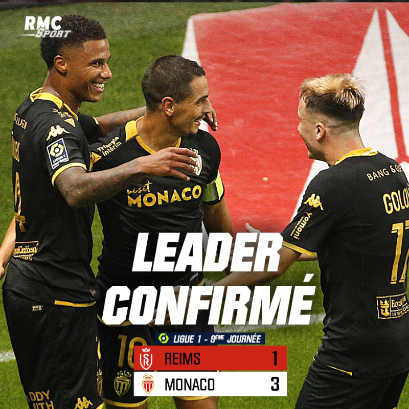 RMCsport's tweet photo. 🔥 Monaco frappe un gros coup à Reims et s'impose 3-1 ! Les Monégasques confirment leur statut de leader de Ligue 1 après 8 journées.