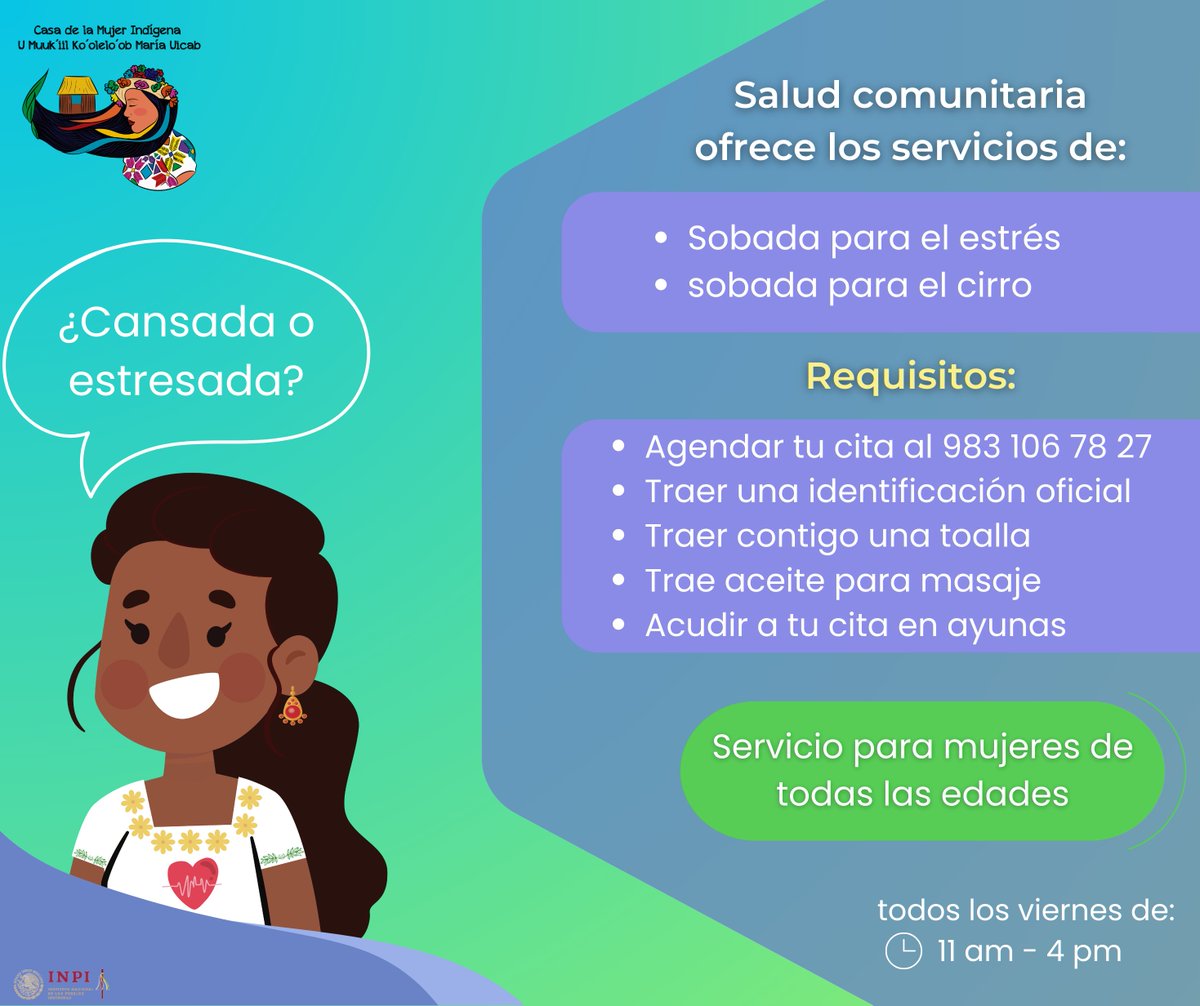 ¿𝐘𝐚 𝐜𝐨𝐧𝐨𝐜𝐞𝐬 𝐧𝐮𝐞𝐬𝐭𝐫𝐨𝐬 𝐬𝐞𝐫𝐯𝐢𝐜𝐢𝐨𝐬?

💠La CAMIA brinda servicios de asesoramiento, canalización y acompañamiento a mujeres víctimas de violencia.  

🔶El  área de salud comunitaria ofrece sobadas para estrés y cirro.

Es gratuito y bilingüe (maya-español).