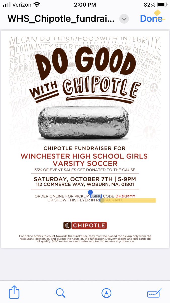 Giddy up! Feed your family AND use the code below to help the WHS girls soccer team tonight at Woburn Chipotle . Thank u😊