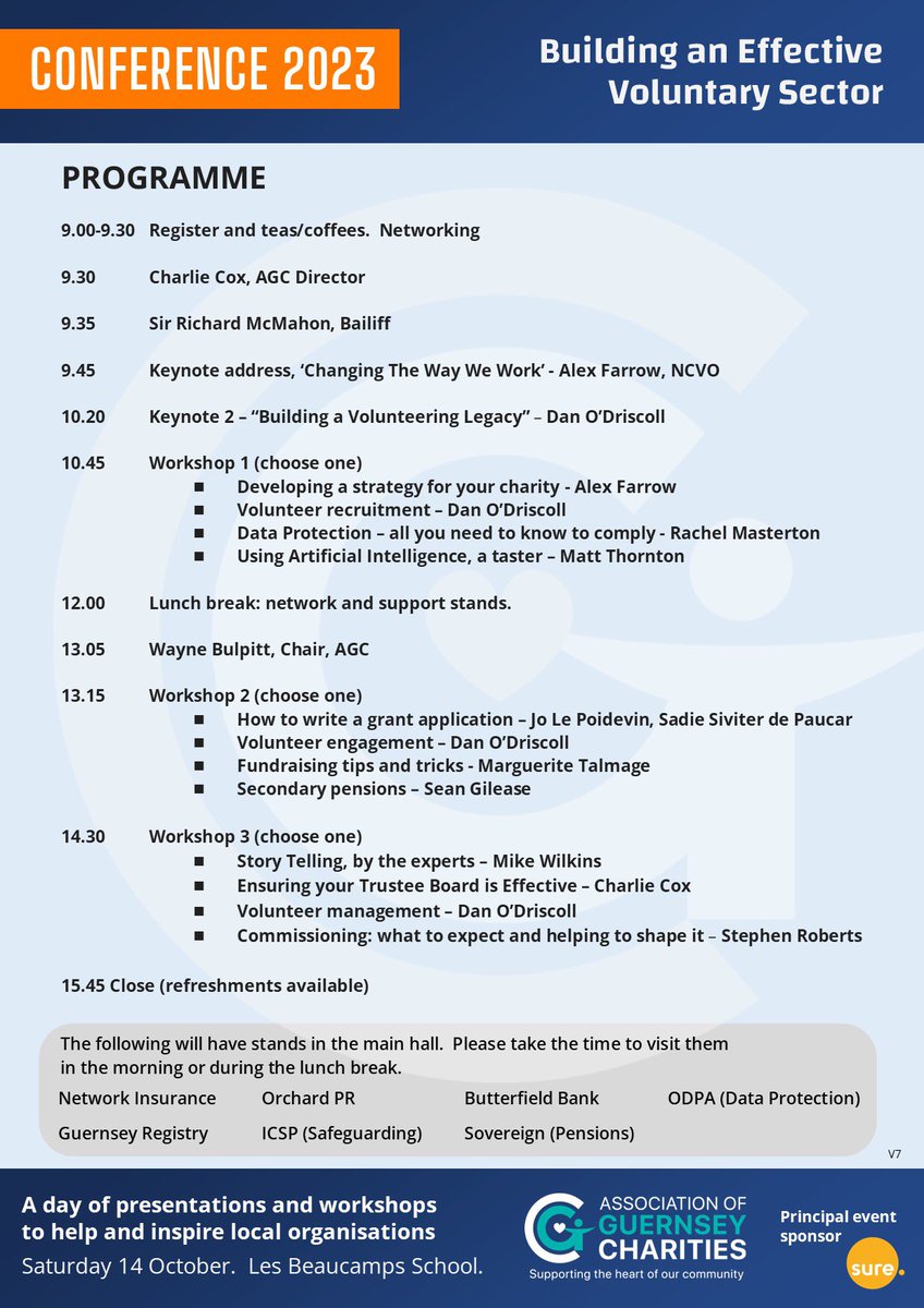 Building an Effective Voluntary Sector Conference, 14th October

Check out the packed programme of inspirational ideas and practical advice and support now at charity.org.gg/Uploads_inform… 

Don’t miss out, book your sessions at bit.ly/agcconference