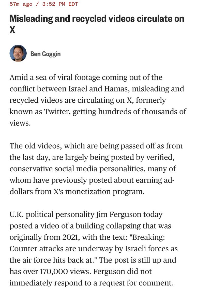 Verified users on X are reposting old videos of bombings and building collapses suggesting that they are footage from Israel today. The posts are getting up to a million views, while the posters are most likely benefiting from X’s monetization program nbcnews.com/news/world/liv…