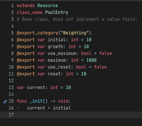 the_duriel's tweet image. #GodotTips #GodotEngine: Here&apos;s a new code snippet (untested), a very basic implementation of a weighted pool for picking random entries from. Elements that have not been selected slowly raise to the top and become more likely to be chosen. Using this for random encounters.