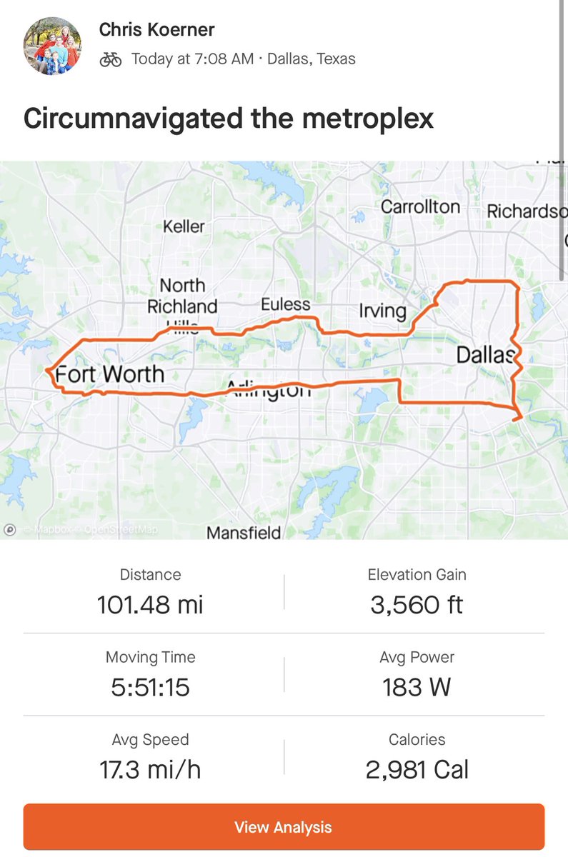 I’ve always wanted to circumnavigate DFW via bike, so today I did. 

Some casual observations about things I saw, did &amp; thought:

- N. Dallas is nice, Ft. Worth is nice, and everything in between was very meh

- I had a bike lane about 4% of the time

- Arlington and Grand