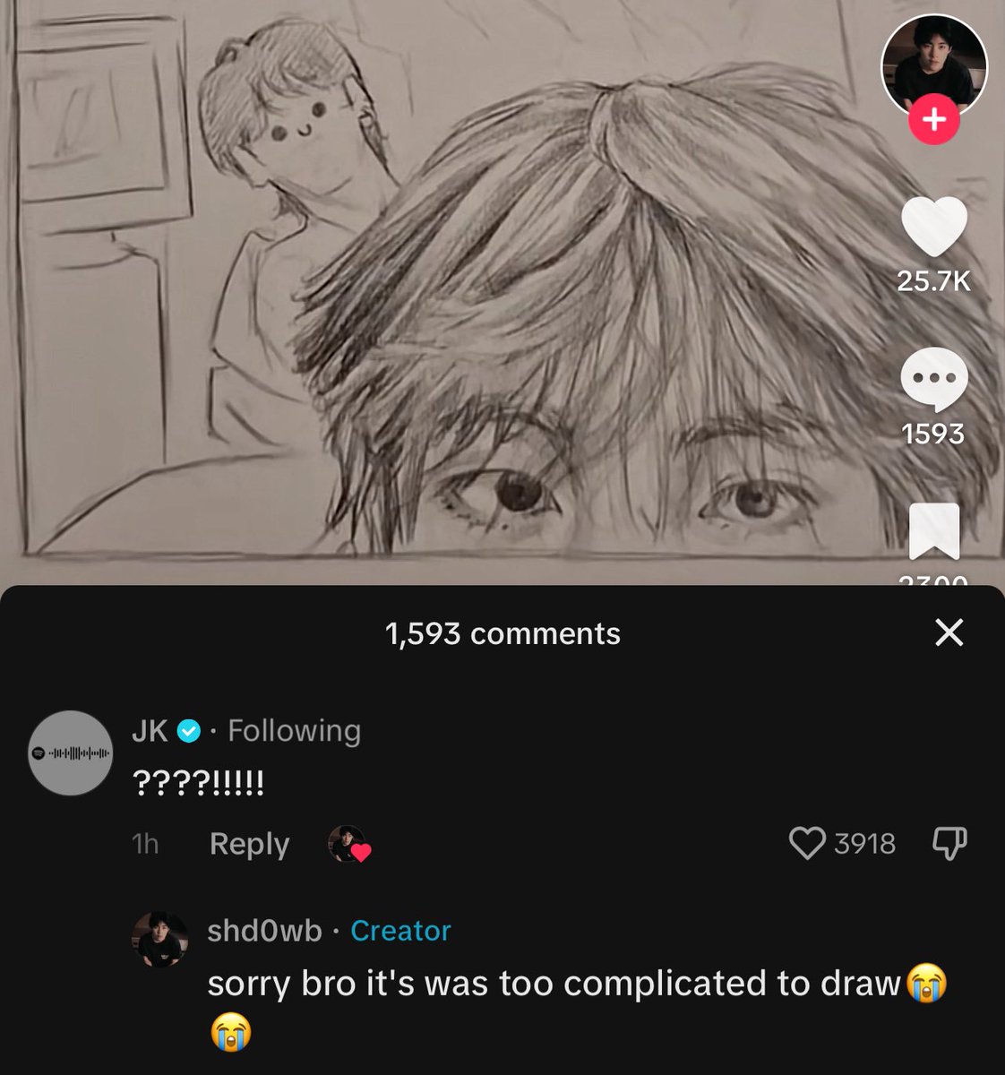 kookvtwins's tweet photo. jungkook liked and commented on this tiktok with a sketch of taekook’s latest selca 🥹 https://t.co/juAjLq9VbN