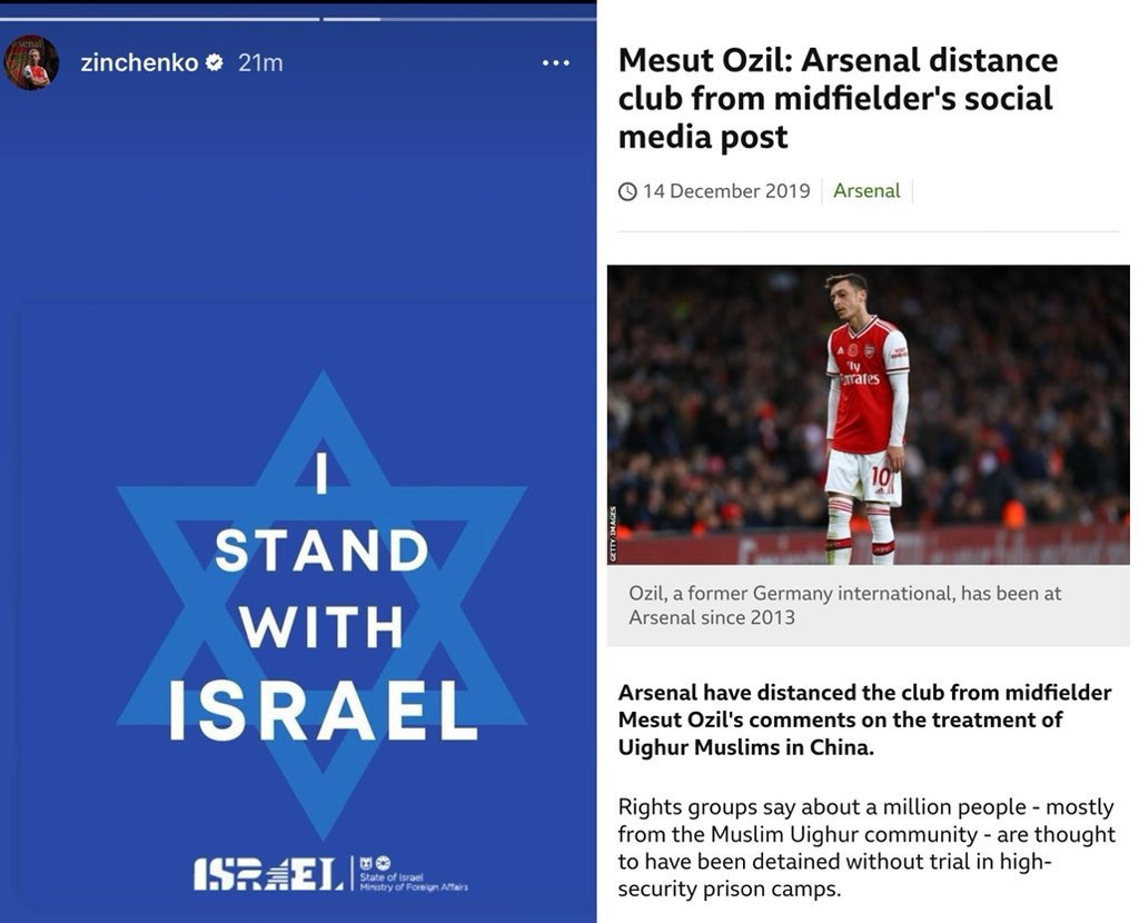 The hypocrisy, zinchenko can openly support the actions of Israel with no consequences but when mesut Ozil spoke up about Uighur Muslims he was literally thrown into a hole. 

What a shameful club <a href="/Arsenal/">Arsenal</a>