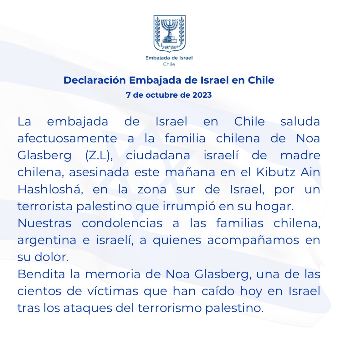 IsraelinChile's tweet photo. Nuestras condolencias a la familia chilena de Noa Glasberg (Z.L), ciudadana israelí de madre chilena, asesinada este mañana en el Kibutz Ain Hashloshá.
#israel https://t.co/9Fj2J6MOkw