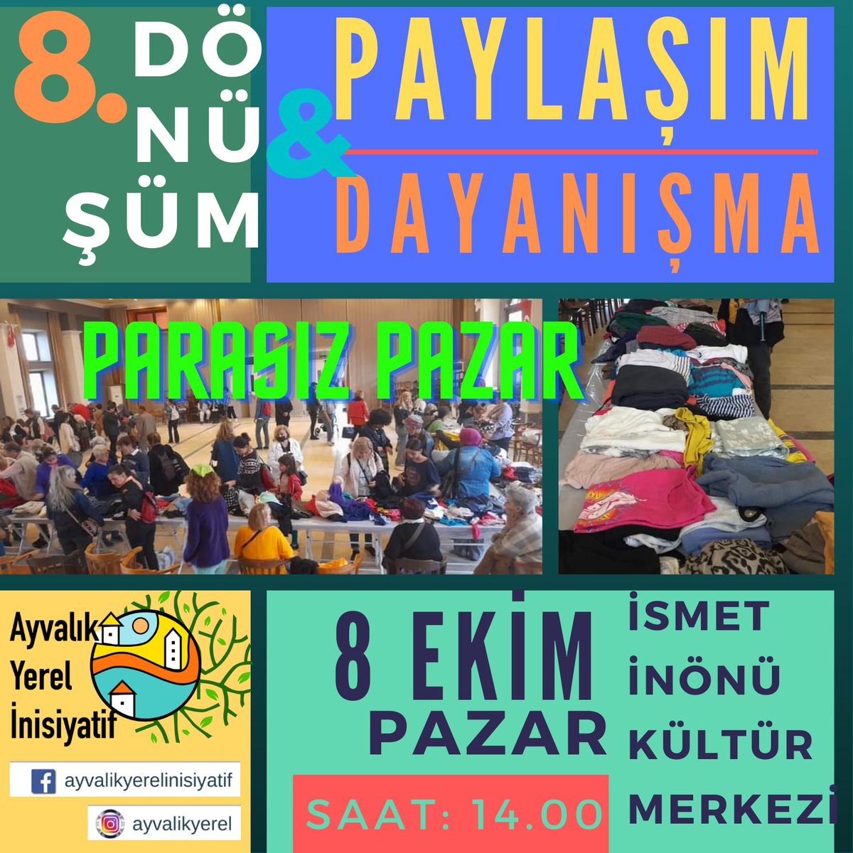 "Tüketmek köleleştirir, paylaşmak özgürleştirir..." dedik. Daha az tüketelim, elimizdekileri paylaşalım istedik. 
Bunun için 8 Ekim Pazar, 8. Dönüşüm &amp; Paylaşım &amp; #Dayanışma Etkinliği'ne İsmet İnönü Kültür Merkezi'ne bekliyoruz. (Hazırlık 13.00. Paylaşım saat 14.00’te)