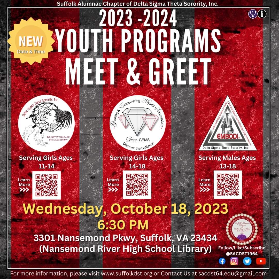 SACDST1964's tweet image. We are excited to announce NEW DATE &amp;amp; TIME for Youth Programs Meet and Greet!!! These FREE mentoring programs promote academic success, positive self-esteem, community service and so much more in a safe empowering space. 
#DeltaAcademy #DeltaGEMS #EMBODI #YouthPrograms