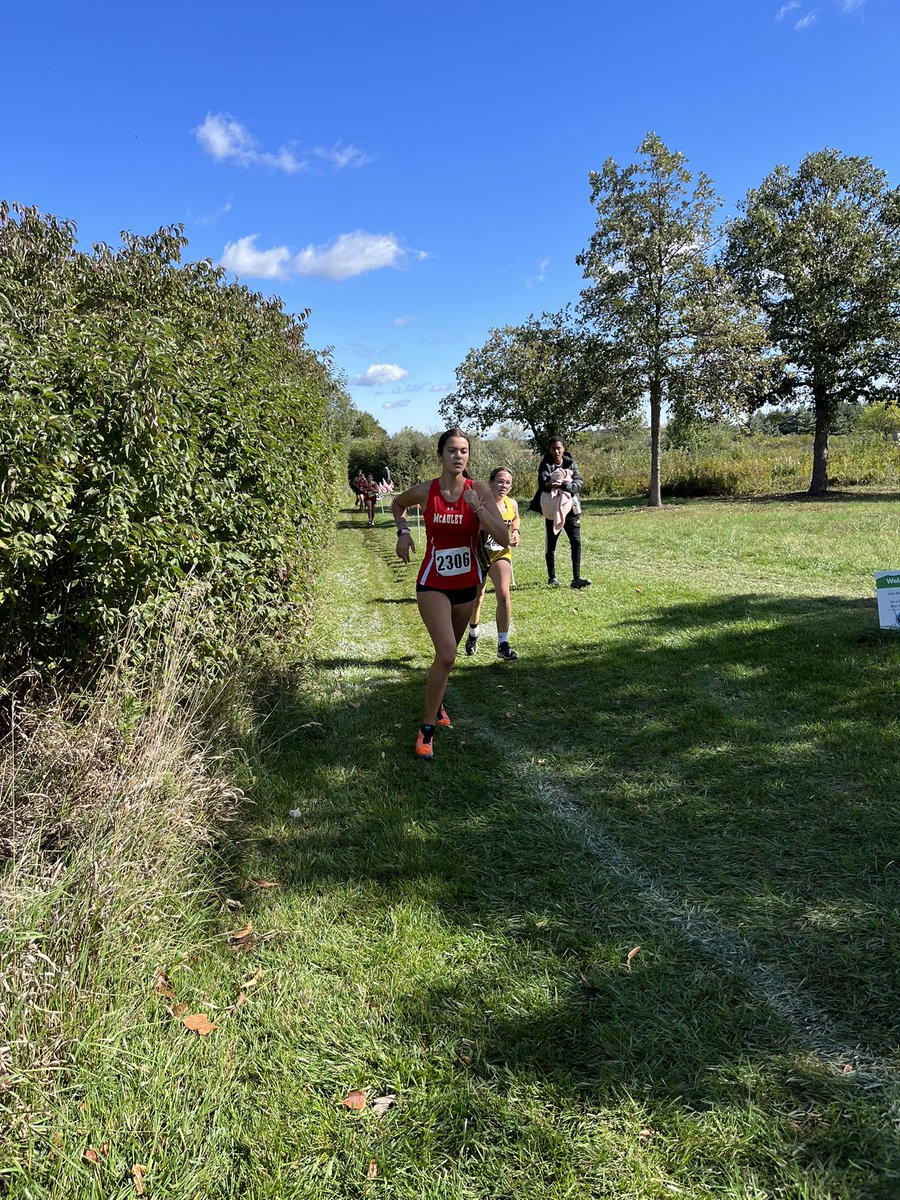 McAuleyXC's tweet photo. The cool, fall weather and determination helped our Mighty Macs with some impressive races! Shoutout to Toni Volpentesta ‘25 for winning the Open Race 🥇 #MightyMacXC2023 #visualizevictory https://t.co/YVgLVmQOAX