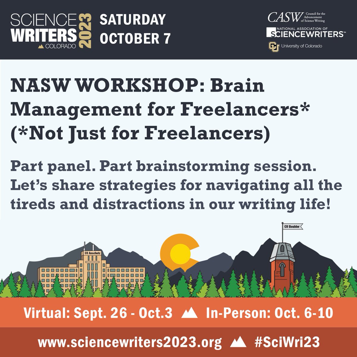 STARTING AT 3 PM MDT at #SciWri23: Join @AnnaNowo @tarahaelle for the 'Brain Management for Freelancers' #FreelanceBrain session. (Folsom Field, Touchdown Club)

Schedule: whova.com/portal/webapp/…
FAQ: sciencewriters2023.org/faq
Policies: sciencewriters2023.org/sciencewriters…