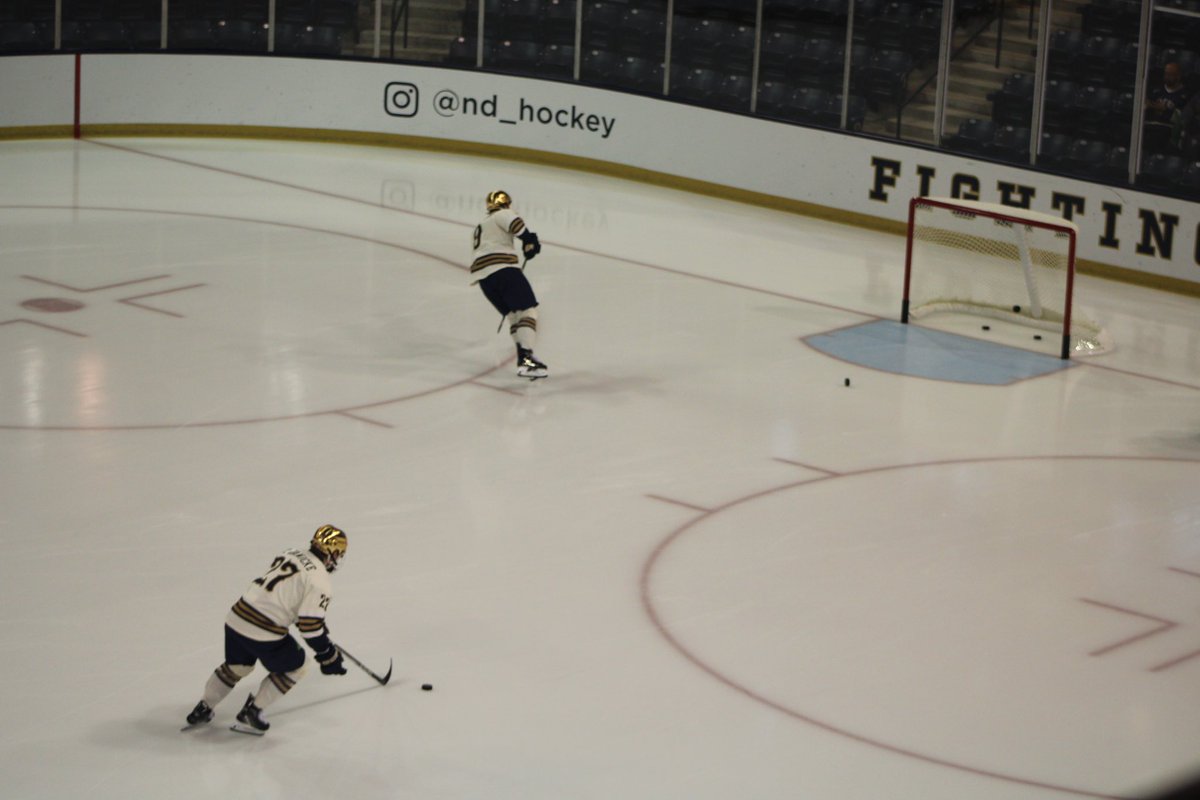 TNNDN's tweet photo. Your @NDHockey team has taken to the ice for pregame warmups. Puck drop vs @ClarksonMHockey in just over 30 minutes. Catch the action on @peacock! #GoIRISH #BeatGoldenKnights #NDvsCU #ProtectOurRink https://t.co/9pUp7Wsqmq
