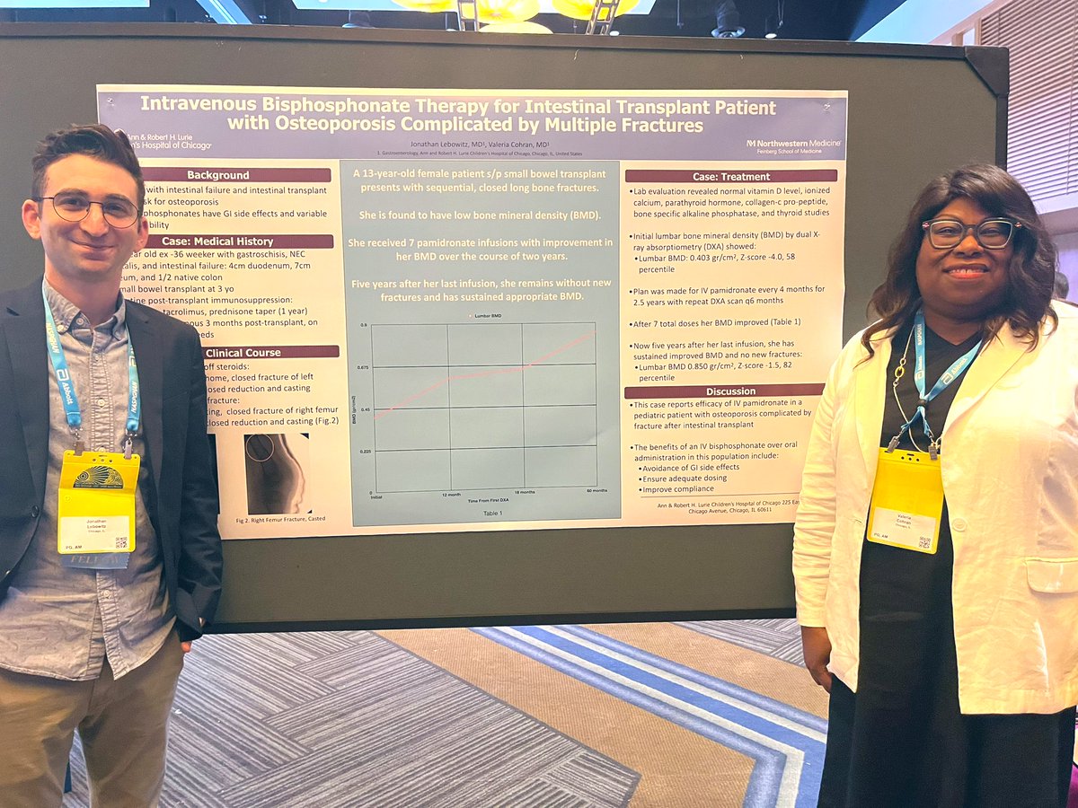 First report of IV bisphosphonate in post intestinal transplant osteopenic fracture - patient doing well 5yrs later! Our senior fellow Dr Jon Lebowitz and fearless leader @valcohranmd making this poster look ✨fly✨ @LurieTransplant #NASPGHAN23 @LuriePedFellows