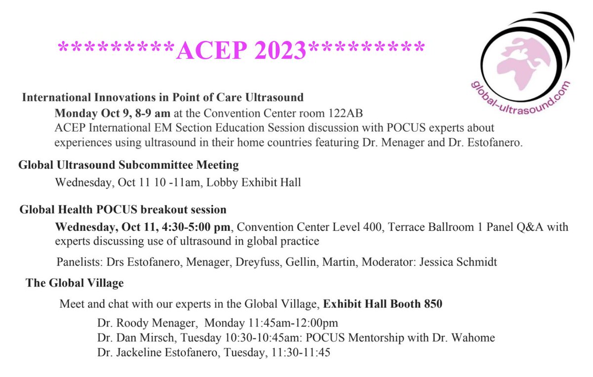 Join Global #POCUS experts in their innovations at #ACEP23! Send appy pts to OR without CT? Diagnose variations of TB and PNA with POCUS? Improve comfort and outcomes in LE trauma with pop blocks? @KalagaraHari @gadsden @jeffgadsden Go to: globalultrasound.wordpress.com @DreyfussAndrea