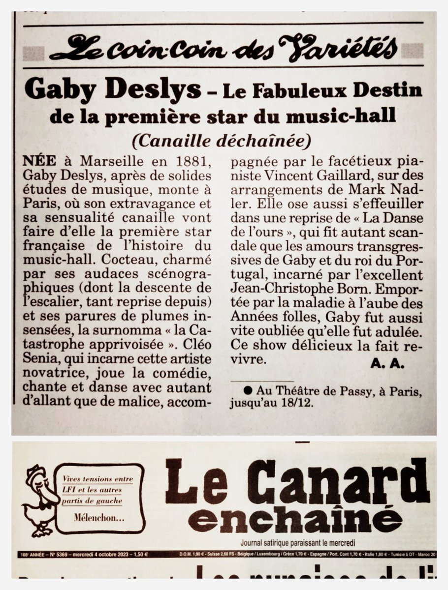 Merci au journal #lecanardenchainé  pour ce bel article dans l'hebdo de cette semaine. Le Canard enchaîné 

À voir au Théâtre de Passy 
Billets ici:
theatredepassy.fr/spectacle/gaby…

#lecanardenchaine #comediemusicale #show #broadway #theatredepassy #sortiraparis #gabydeslys #musichall