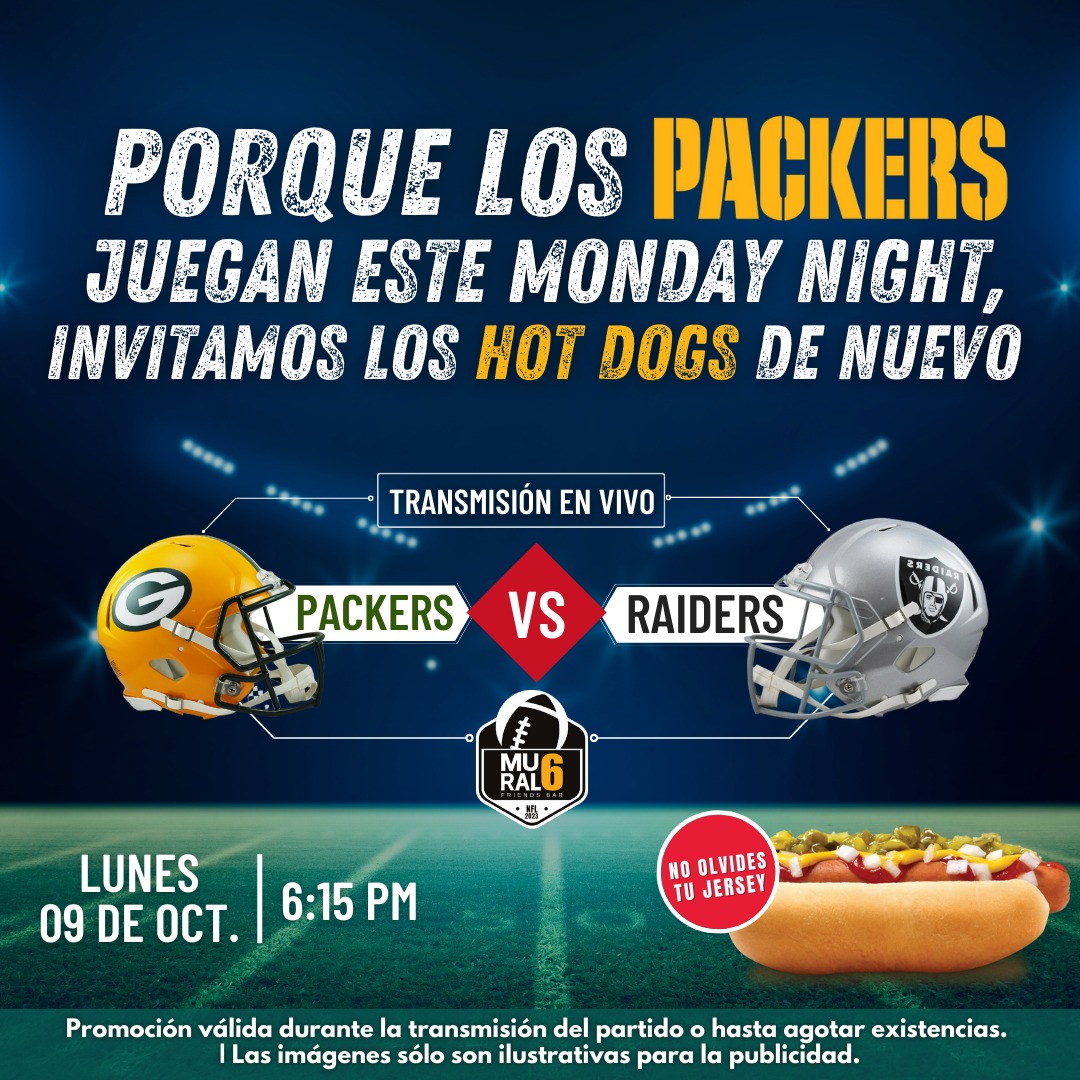 MuralSeis's tweet photo. #MNF en #Mural6 #Mural6NFL vente este lunes y la cena va por nuestra cuenta @Packers_Mx @PackersCentral_ @packeverywhere @PackersMxicanos #GoPackGo https://t.co/eitqG98uYB